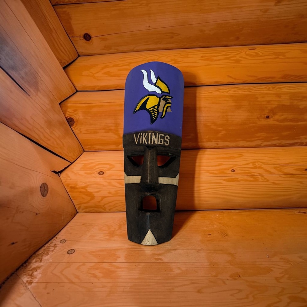 Minnesota Vikings Hand Carved Wooden Mask NFL Fan Cave Wall Decor Purple Gold